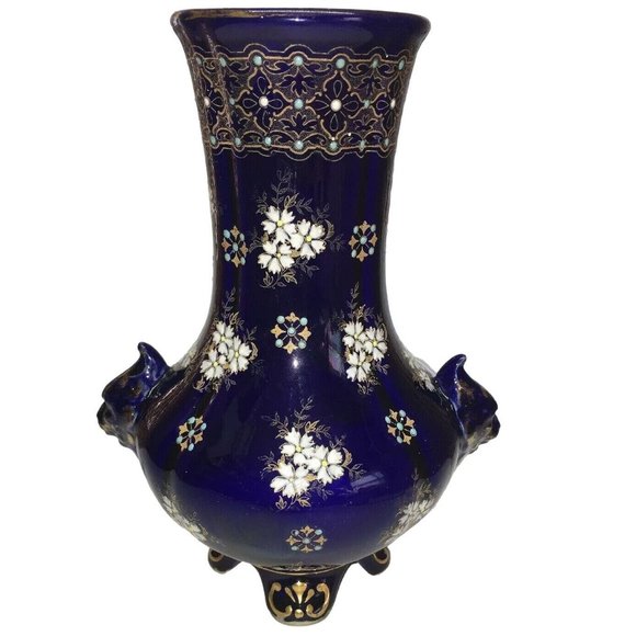 Boch Freres Keramis Vase Signed 2 Lion Heads Enameled Florals 8 3/8